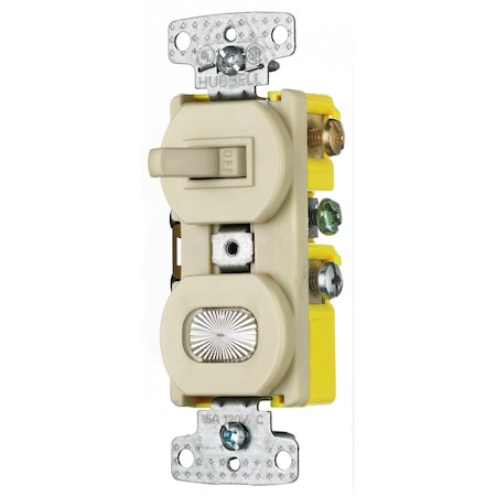 Hubbell Wiring Device-Kellems Combination Devices, Residential Grade, 1) Three Way Toggle, 1) Pilot Light, 15A 120V AC, Self Grounding, Side Wired RC309I